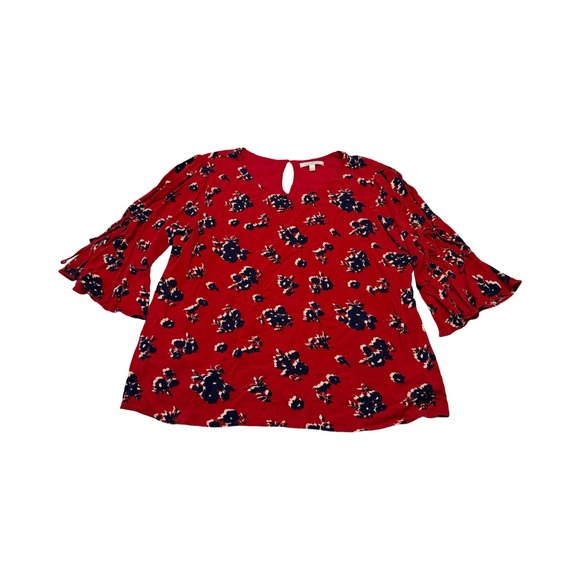 Skies Are Blue Tops - Skies Are Blue Red Floral Bell Sleeve Blouse Keyhole Back Women's‎ Large boho